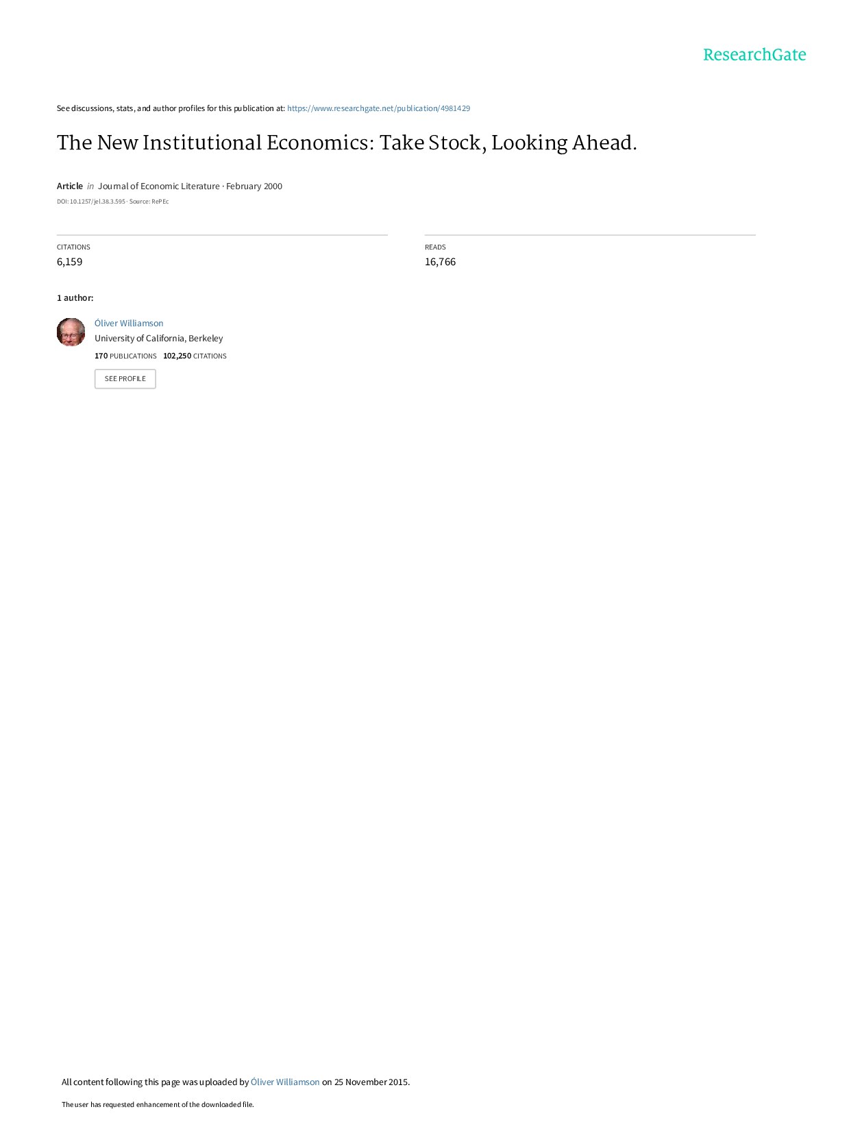 The New Institutional Economics: Take Stock Looking Ahead