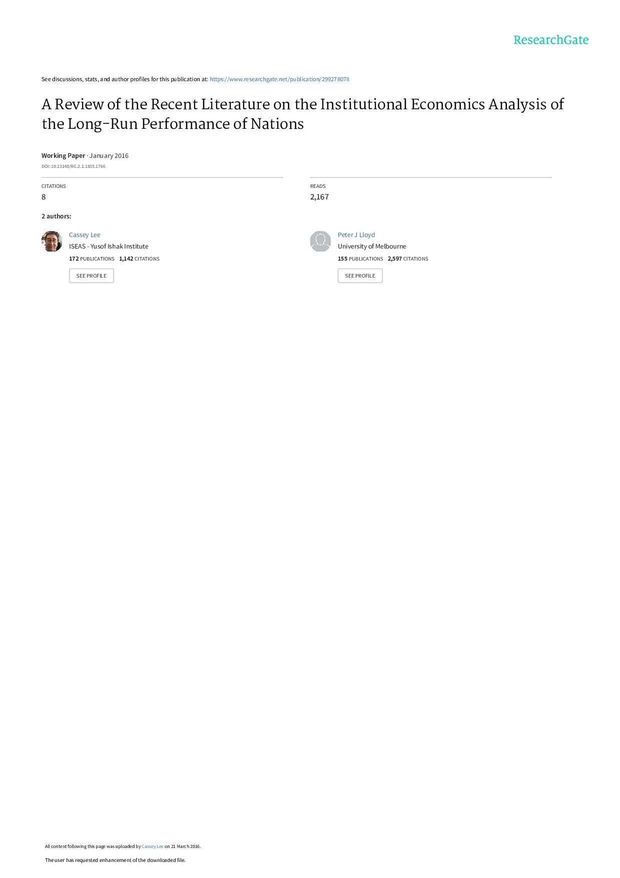 A Review of the Recent Literature on the Institutional Economics Analysis of the Long-Run Performance of Nations