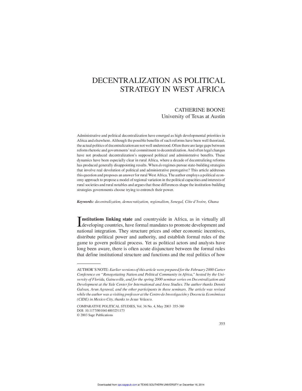 Decentralization as Political Strategy in West Africa