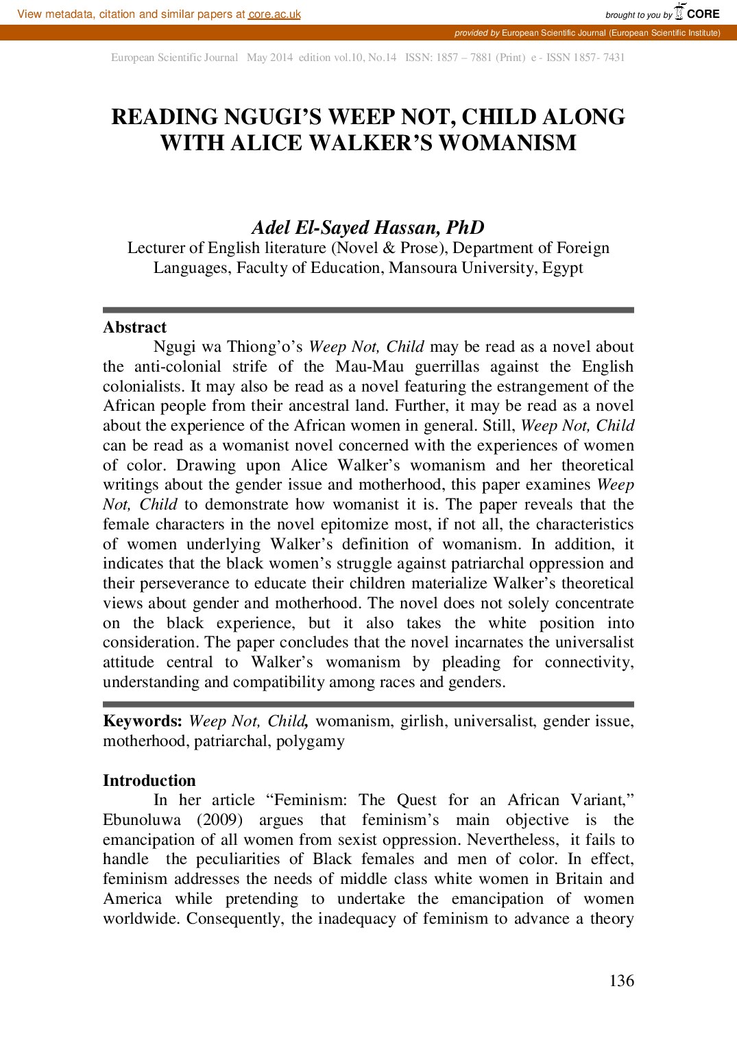 READING NGUGI’S WEEP NOT, CHILD ALONG with Alice Walkers womanism