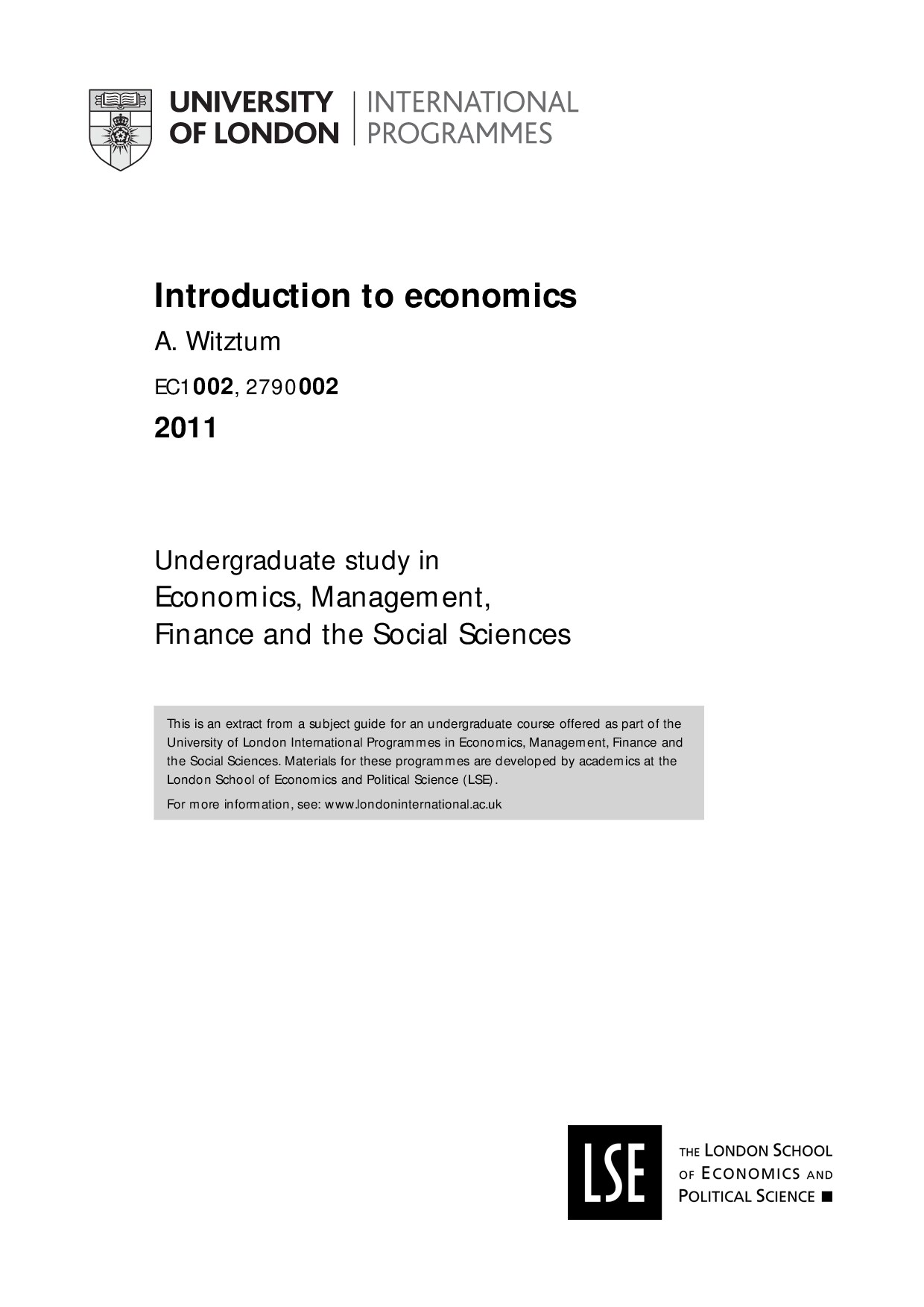 University of London International Programmes- Introduction to Economics