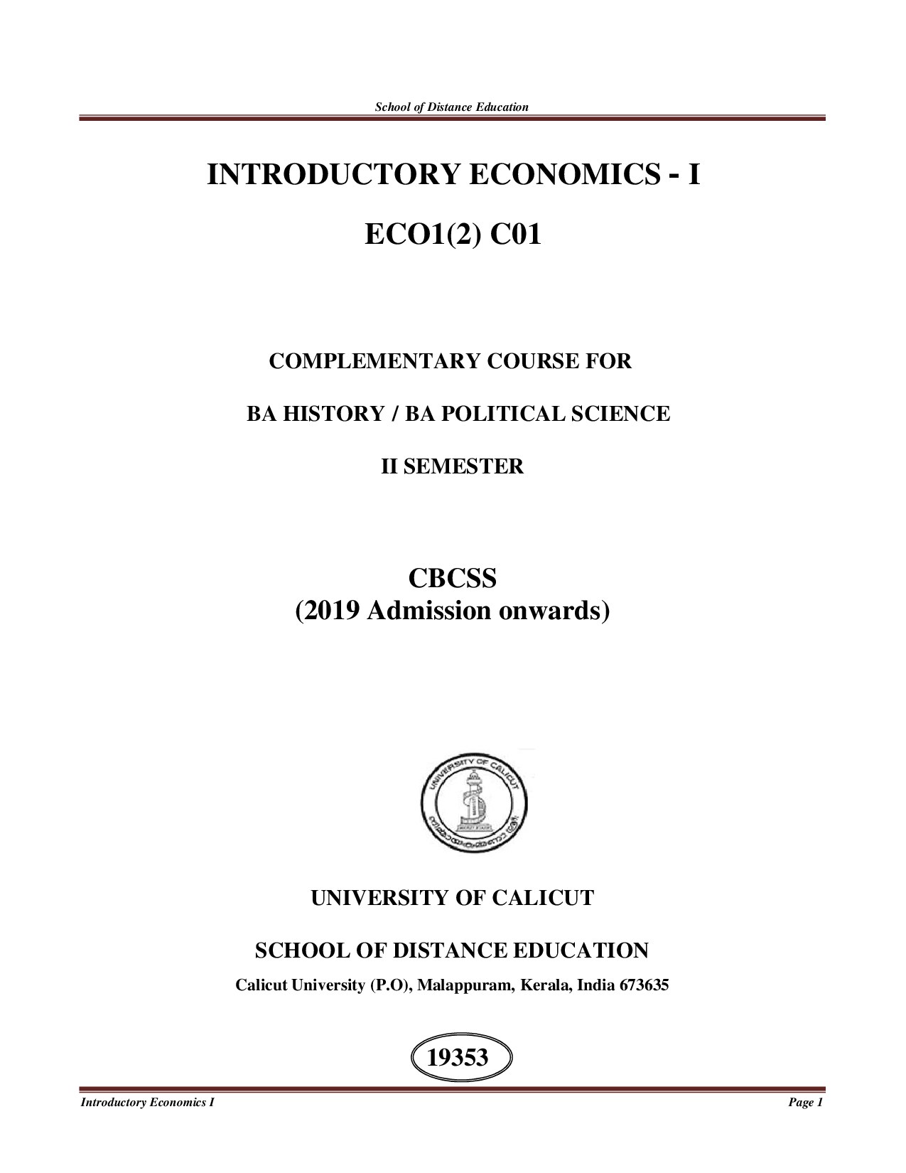 II Sem. - Introductory Economics I - 2019 Admn.
