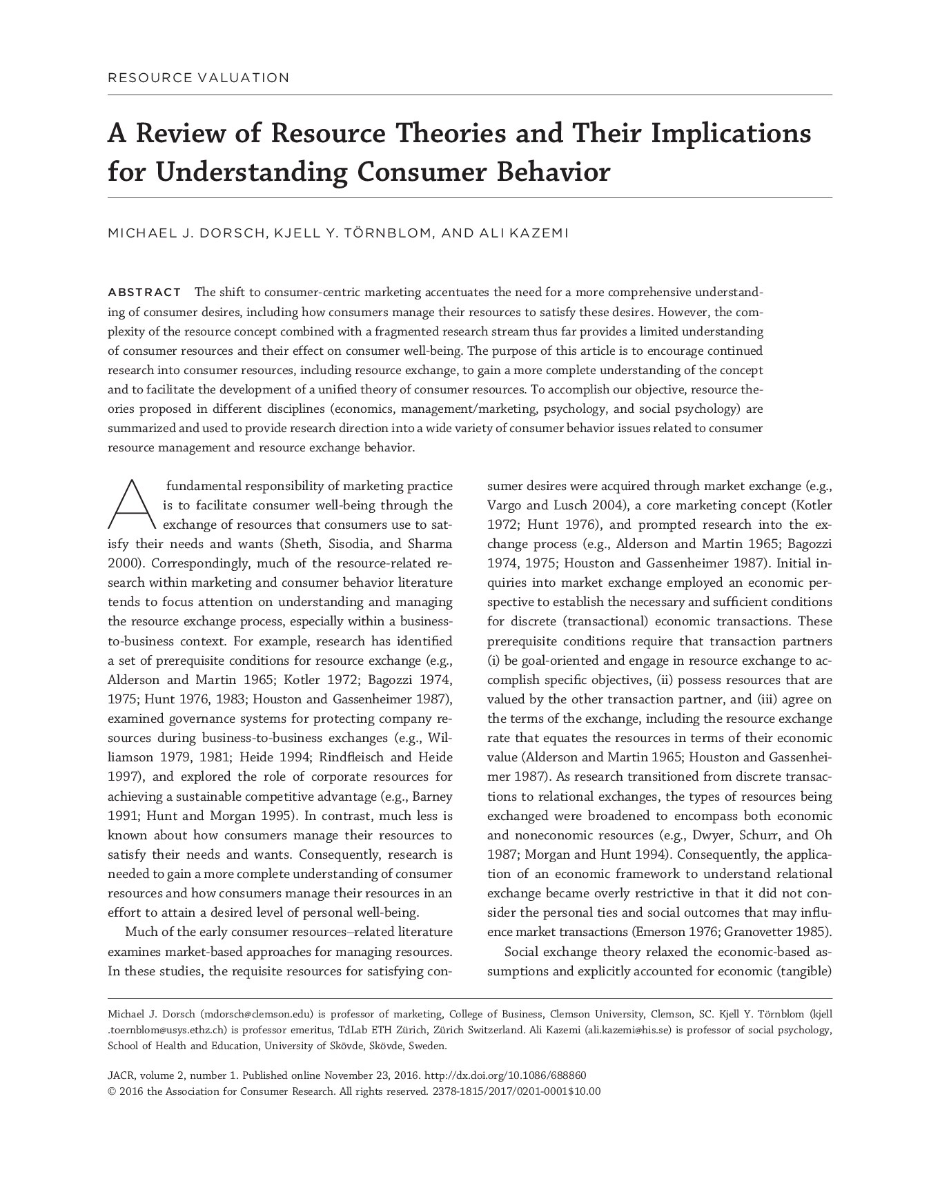 A Review of Resource Theories and Their Implications for Understanding Consumer Behavior