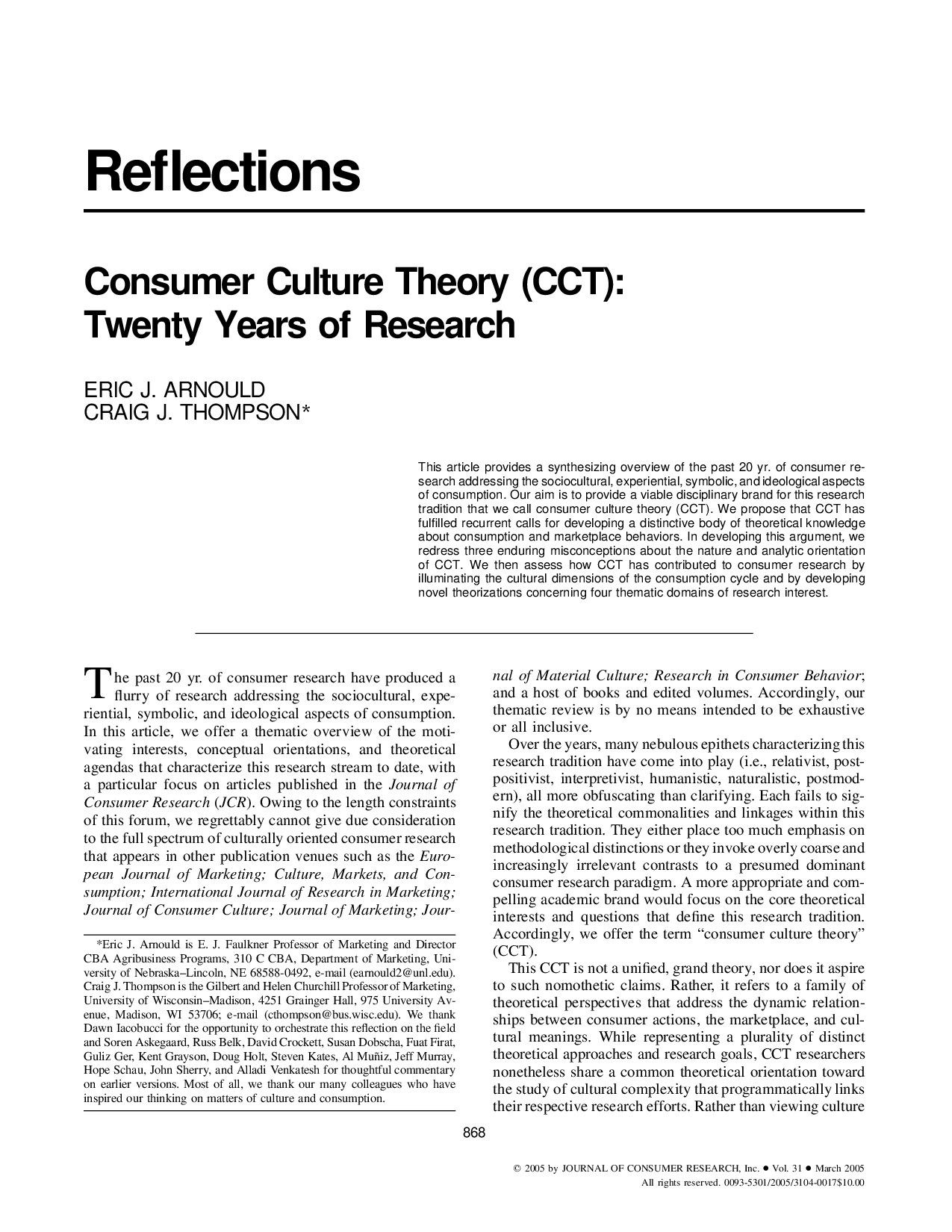 Consumer Culture Theory (Cct): Twenty Years of Research